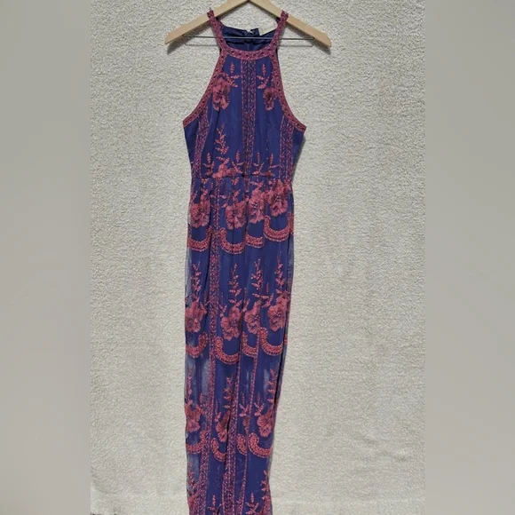 Altar’d State Navy Red Embroidered Maxi Dress Boho Floral Mesh Sleeveless Large - Picture 2 of 9